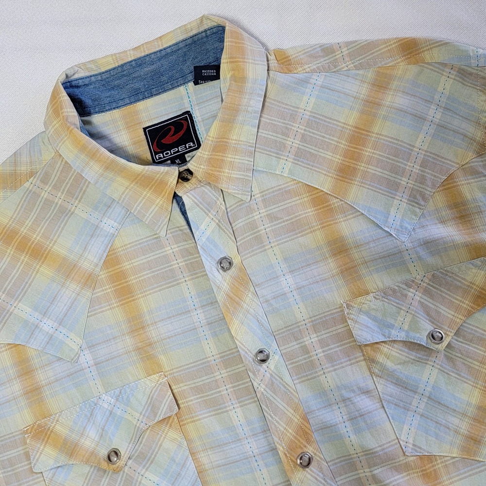 Roper Western Pearl Snap Shirt Yellow Plaid Men's XL Cowboy Rodeo Rugged Outdoor